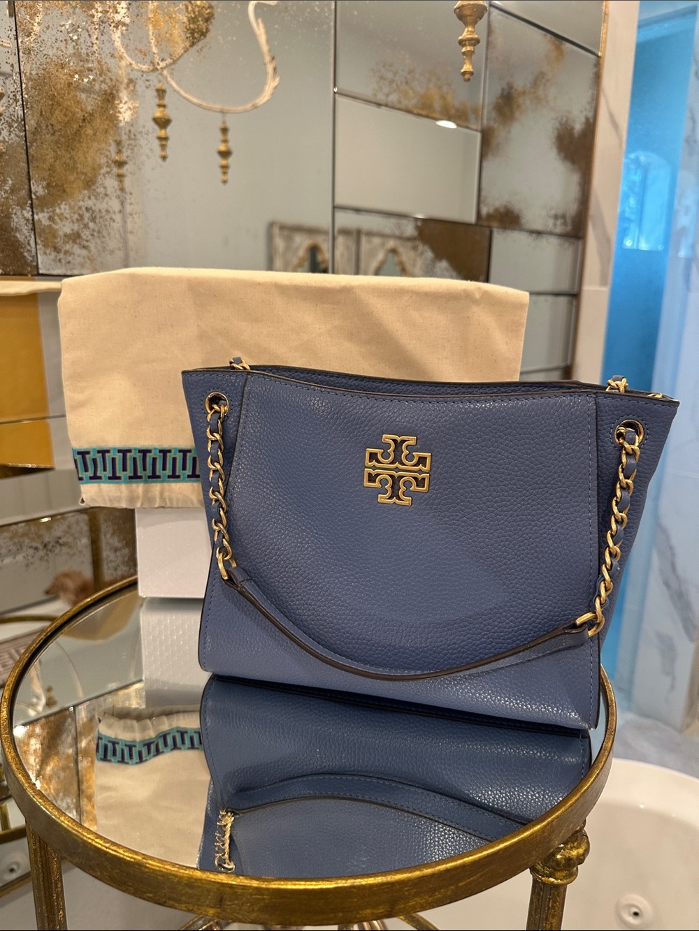 Tory Burch Blue Pebbled Leather Shoulder Bag with Gold Hardware
